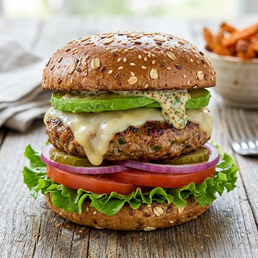 Healthy turkey burger with fresh vegetables and whole-grain bun