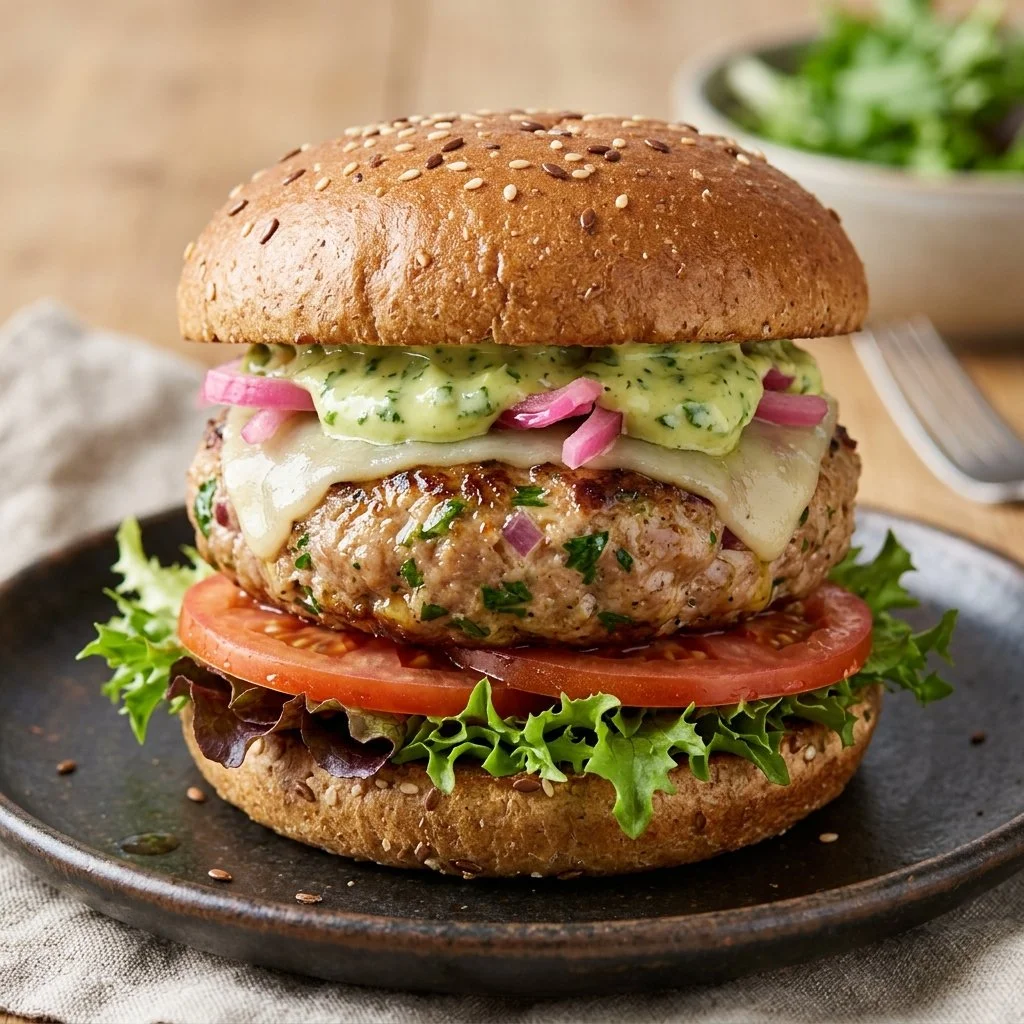 Delicious healthy turkey burgers served on a plate with fresh vegetables