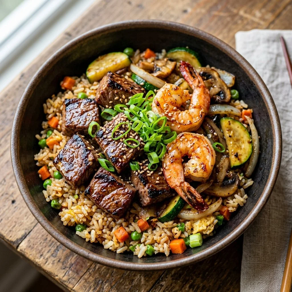 Delicious Hibachi Steak and Shrimp served on a hot grill with vegetables