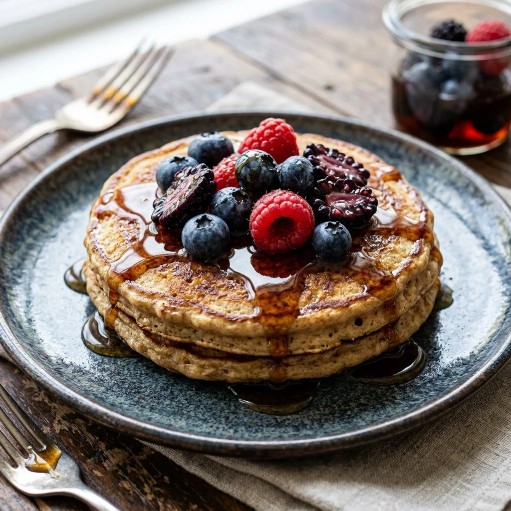 Delicious high protein pancake served with fresh fruits and syrup