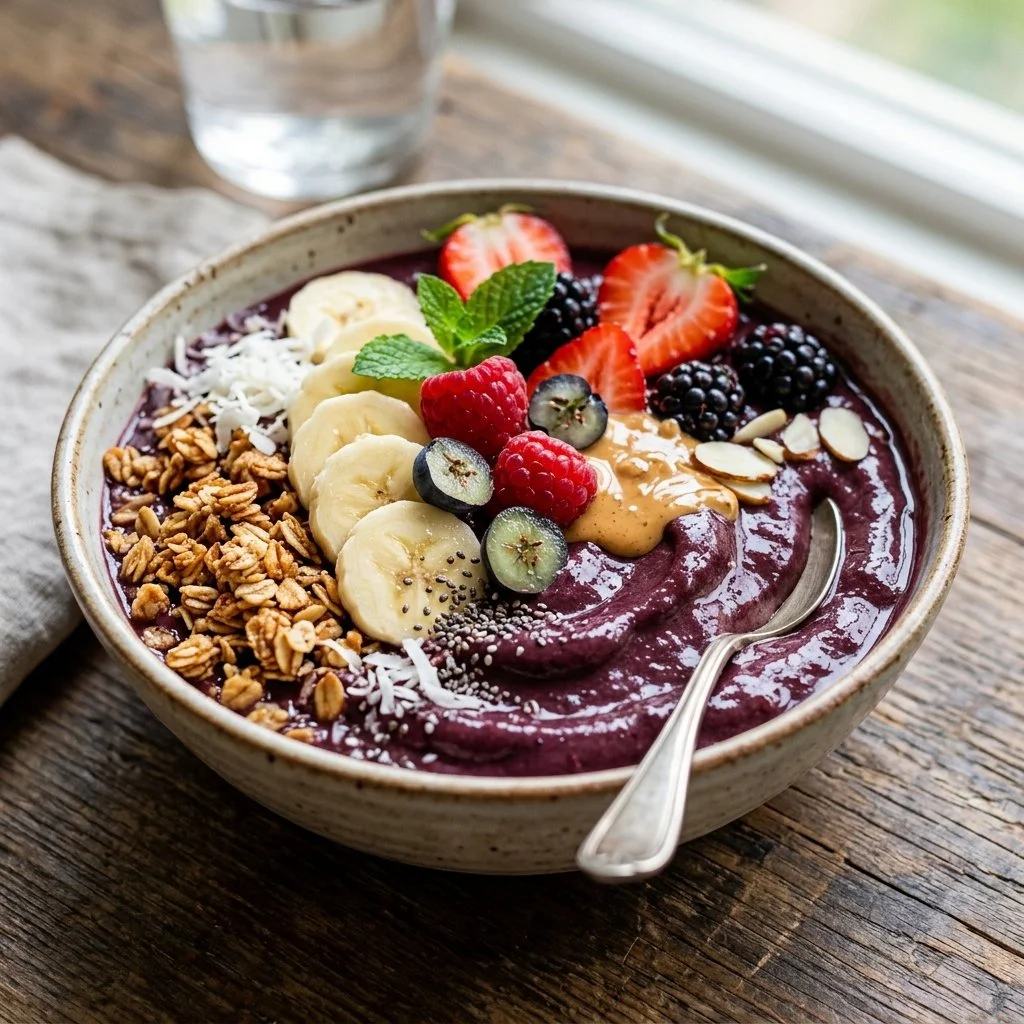 Delicious homemade acai bowl topped with fresh fruits and granola