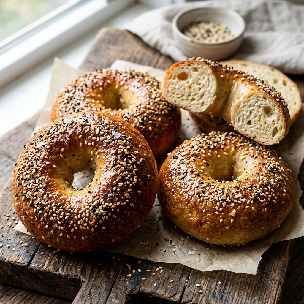Freshly baked homemade bagels on a wooden cutting board