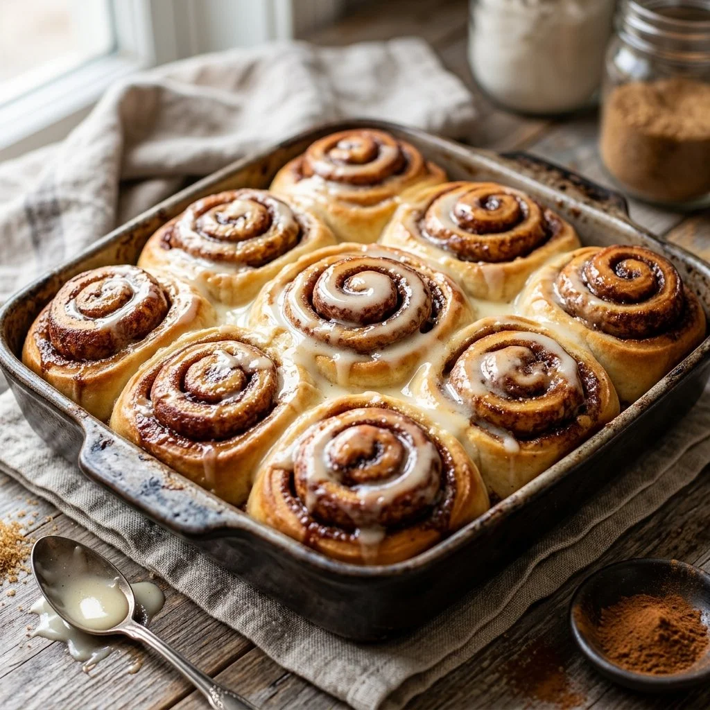 Delicious homemade cinnamon rolls topped with icing on a baking tray
