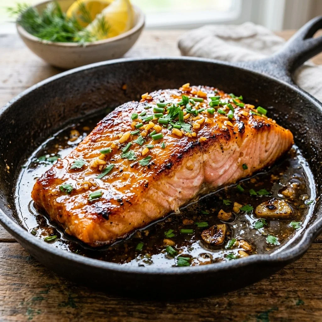 Honey garlic salmon fillet garnished with herbs and served on a plate