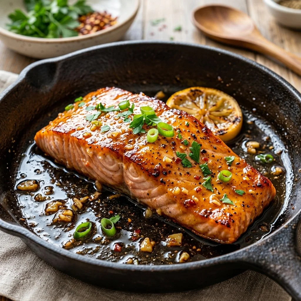 Honey Garlic Salmon fillets garnished with herbs on a white plate.