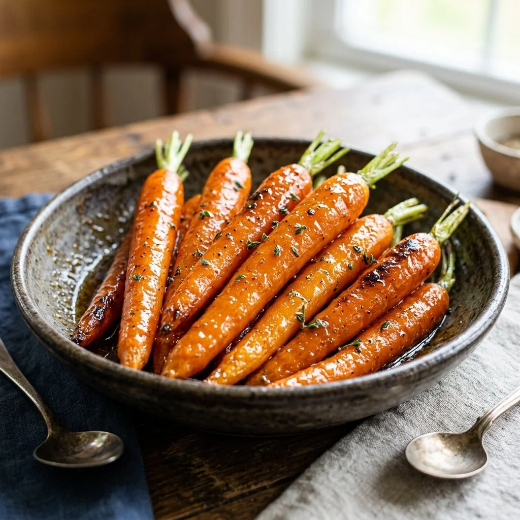 Delicious honey glazed carrots served in a bowl, showcasing their shiny appearance.
