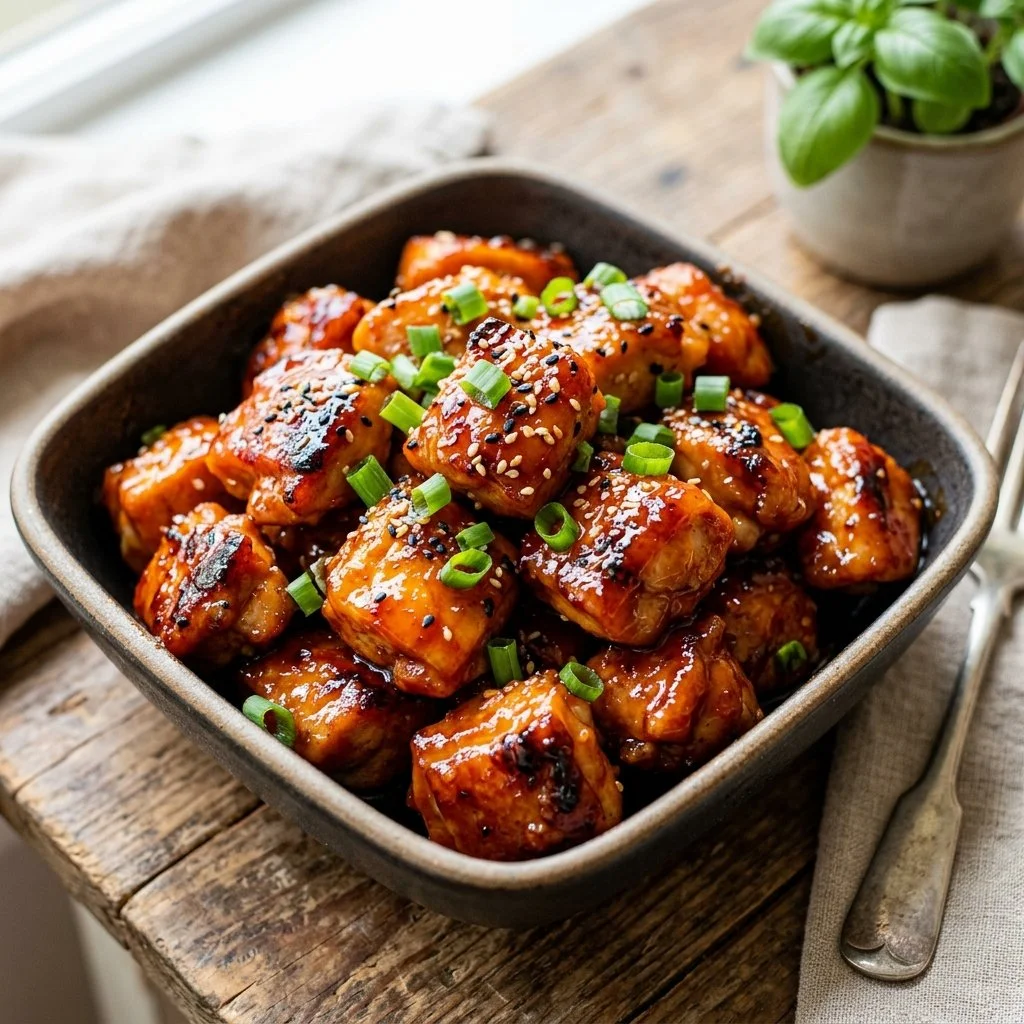 Honey Sriracha Chicken dish with vibrant colors and garnish