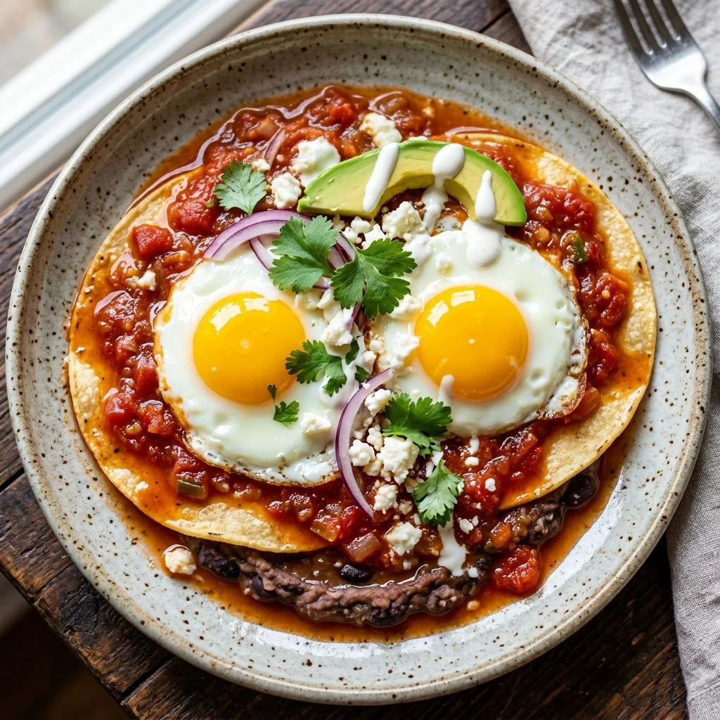 Delicious Huevos Rancheros served with eggs and spicy salsa on a plate.