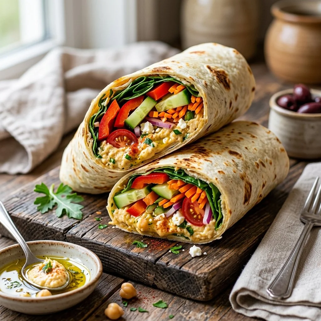 Hummus veggie wrap with colorful vegetables and fresh herbs
