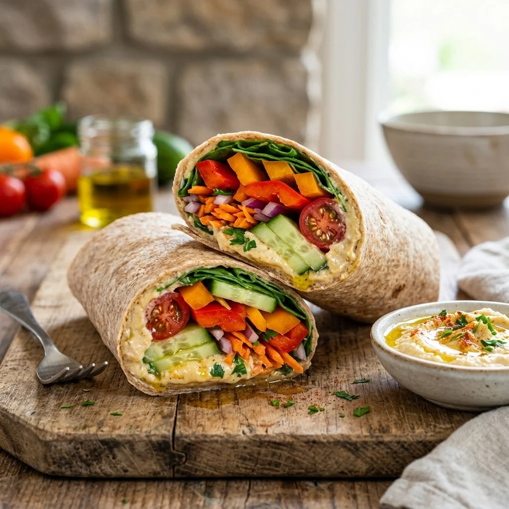 Hummus veggie wrap filled with fresh vegetables and a spread of hummus