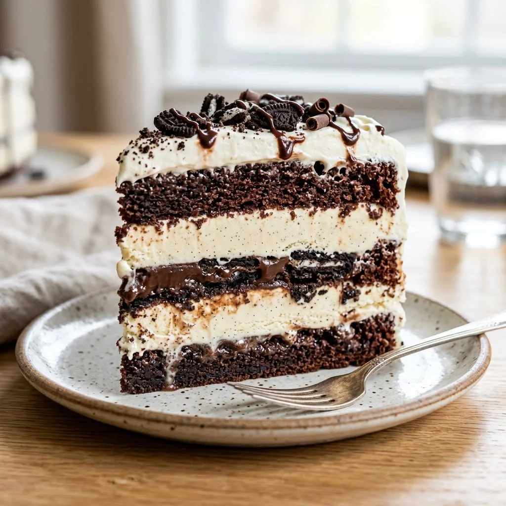 Delicious ice cream cake with chocolate and vanilla layers, perfect for celebrations.