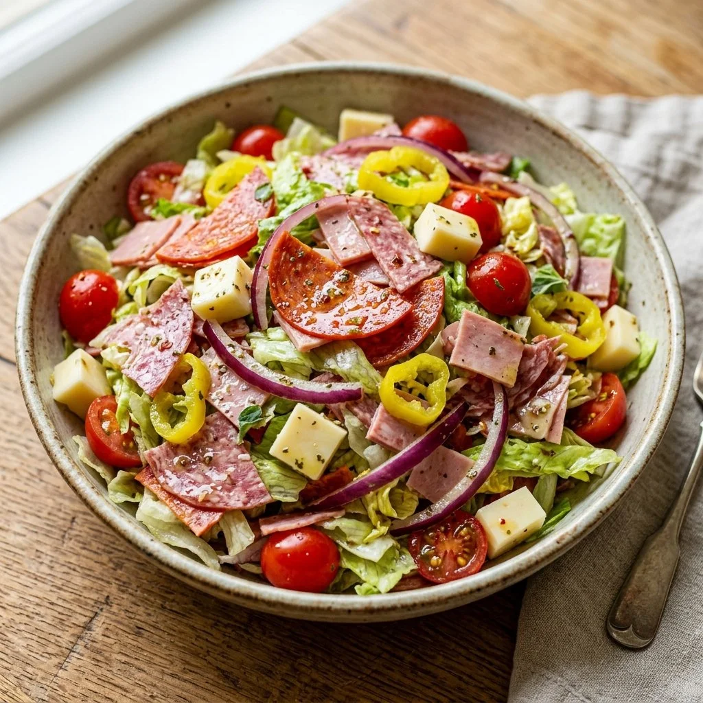 Italian Grinder Salad featuring fresh veggies, meats, and flavorful Italian dressing