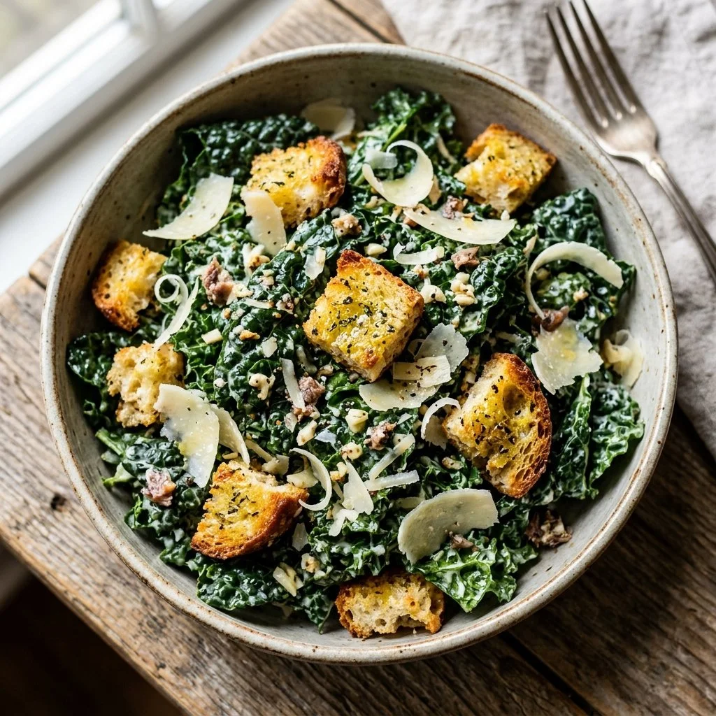 Fresh and vibrant Kale Caesar Salad with croutons and Parmesan cheese