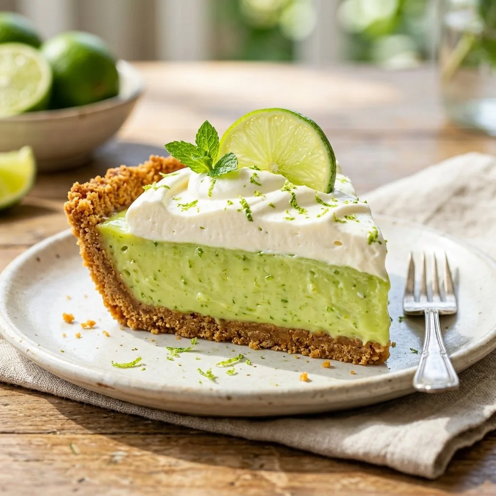 Delicious slice of Key Lime Pie with a graham cracker crust and lime garnish.