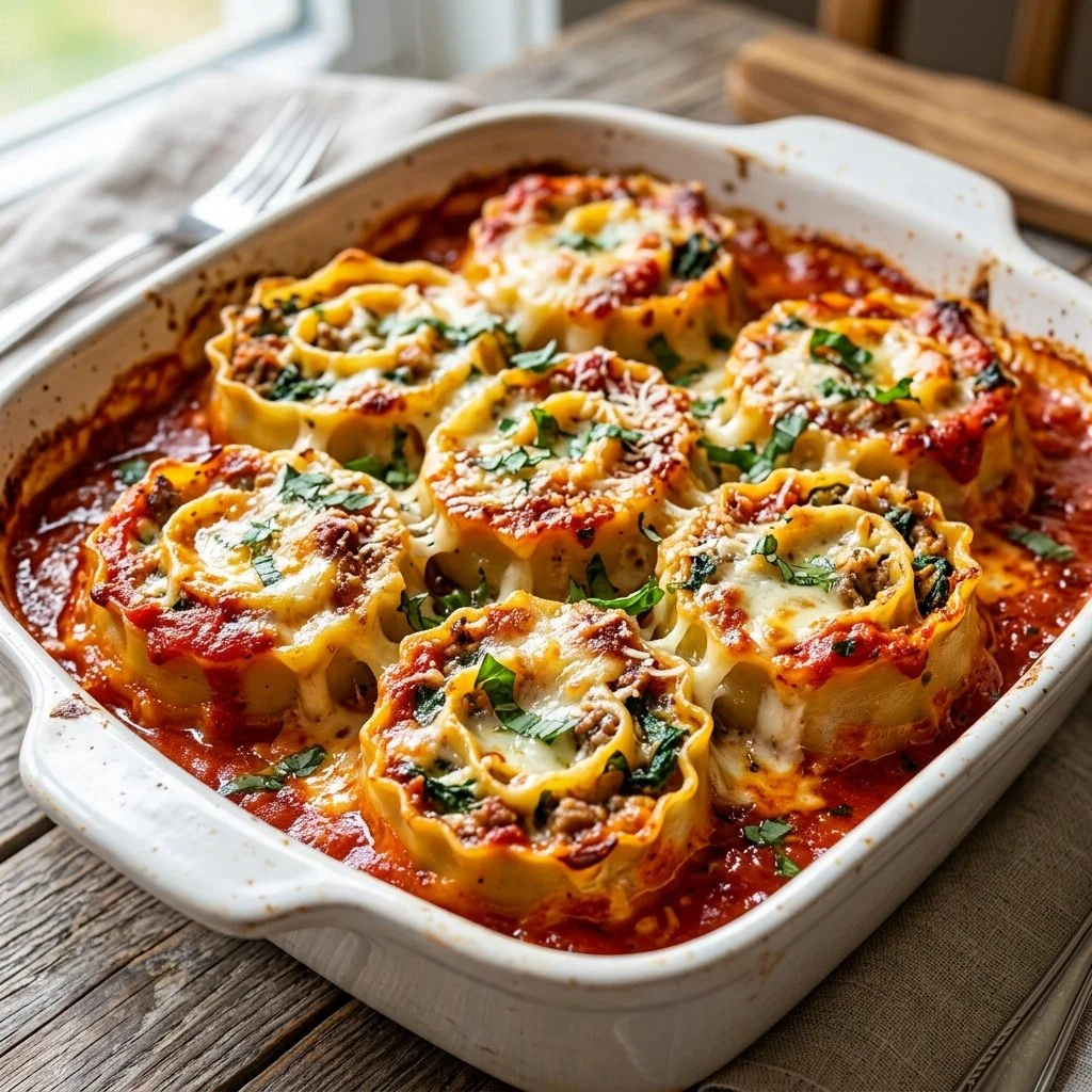 Plate of cheesy lasagna roll ups topped with marinara sauce and basil