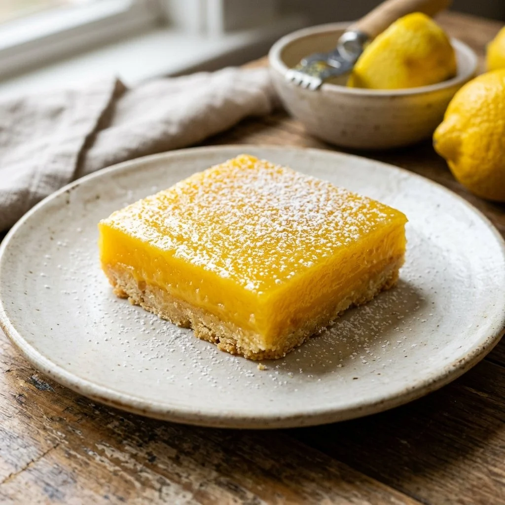 Freshly baked lemon bars with a buttery crust and lemony topping