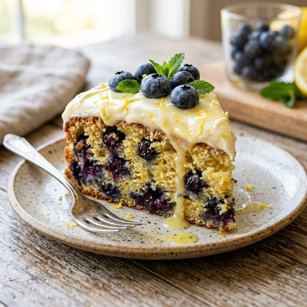 Delicious Lemon Blueberry Cake with fresh blueberries and lemon zest frosting