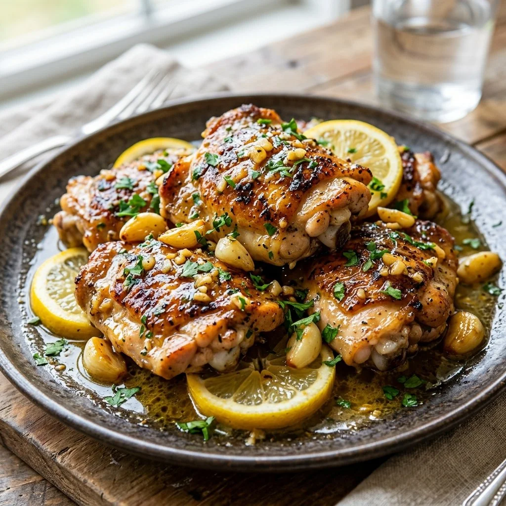 Lemon Garlic Butter Chicken served with fresh herbs and sides