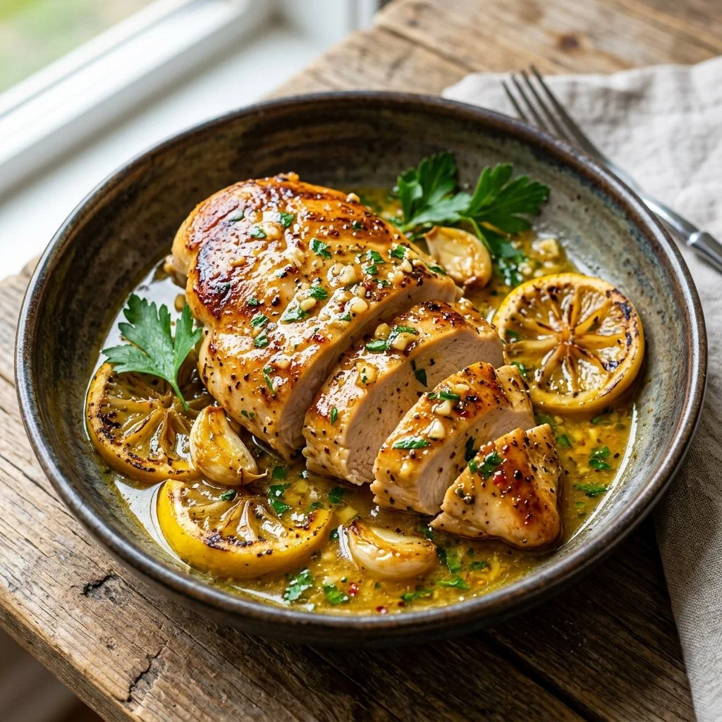 Delicious Lemon Garlic Chicken dish with fresh herbs and lemon slices