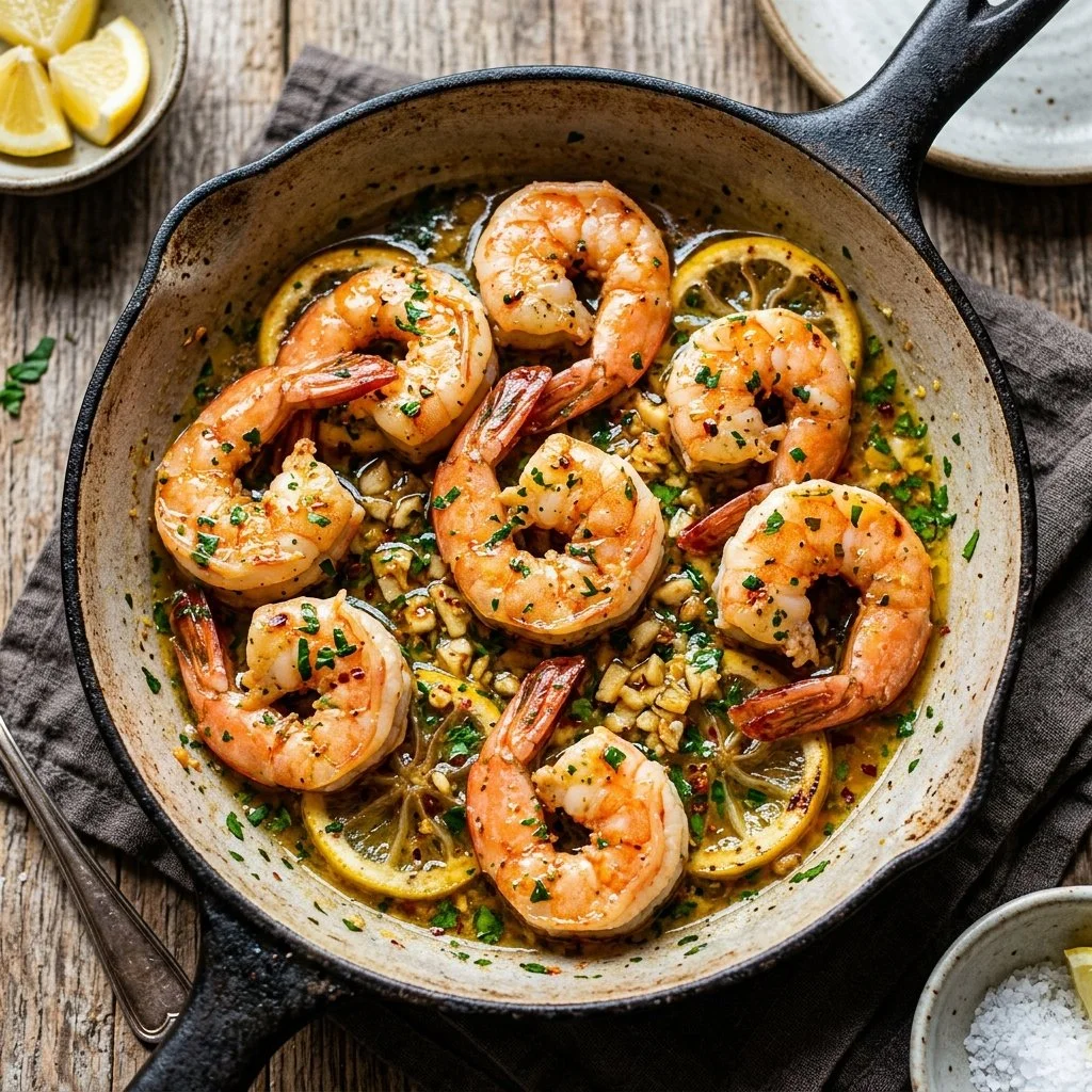 Delicious Lemon Garlic Shrimp served with fresh herbs and lemon slices