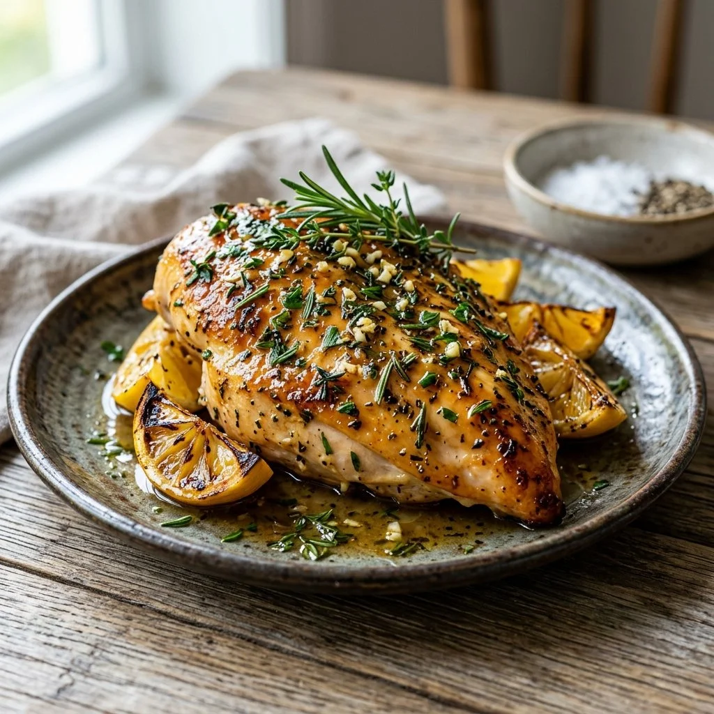Lemon Herb Chicken dish garnished with herbs and lemon slices