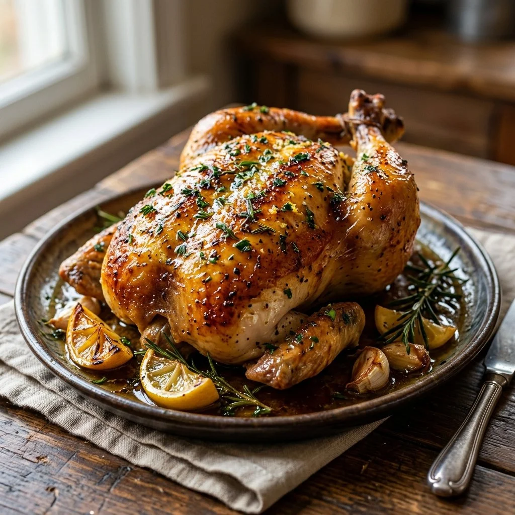 Lemon Herb Roasted Chicken garnished with fresh herbs and lemon slices