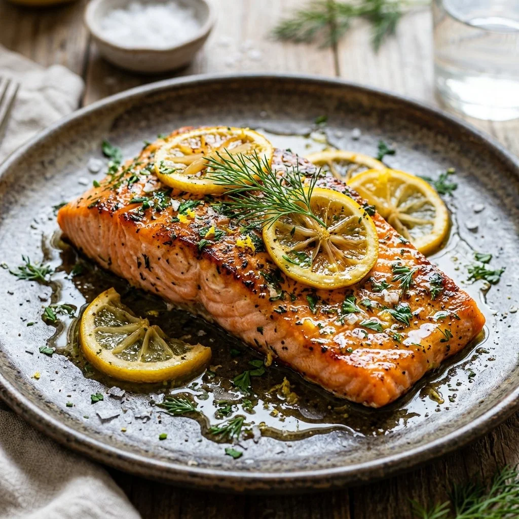 Lemon Herb Salmon fillet garnished with fresh herbs and lemon slices