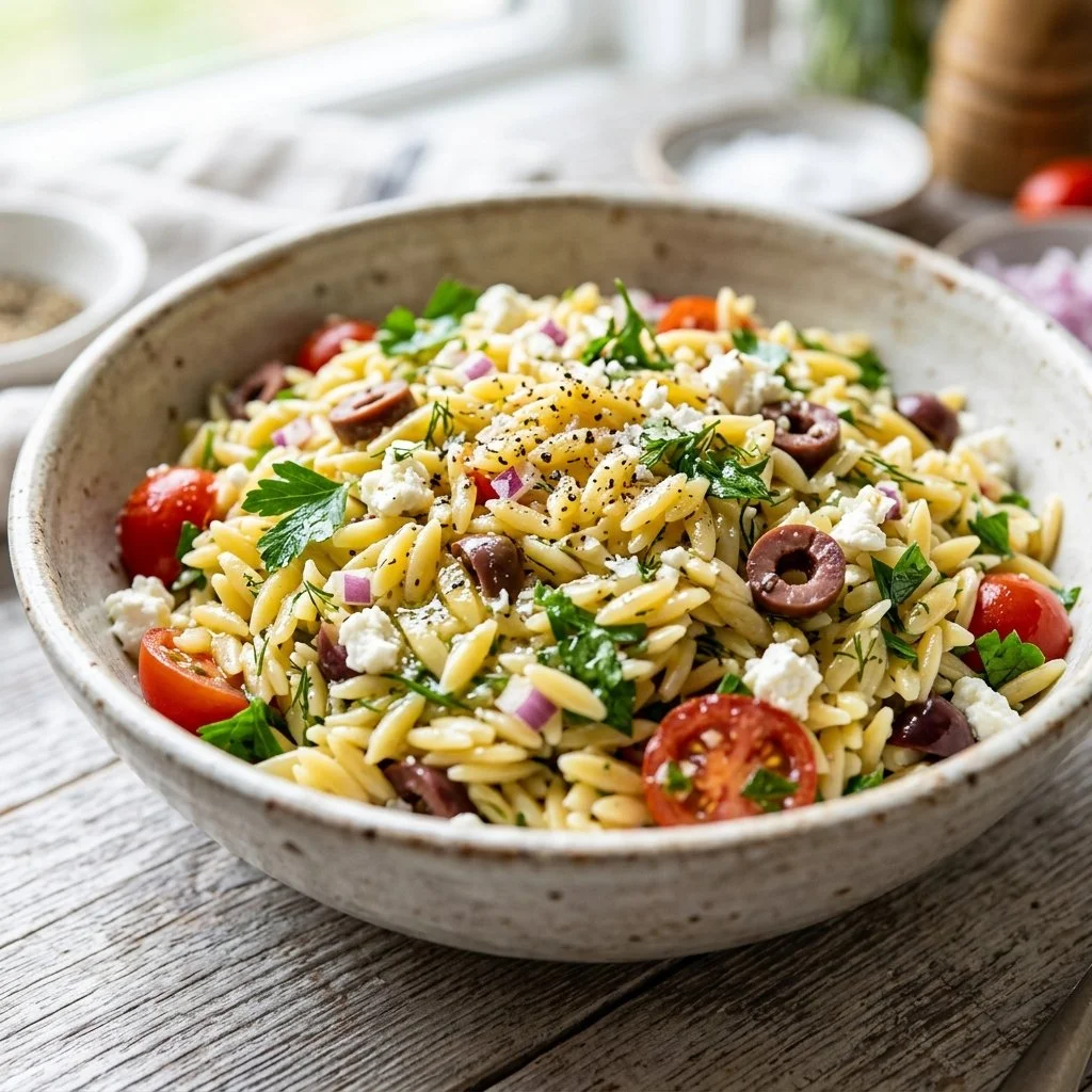 Fresh Lemon Orzo Salad with vegetables and herbs in a bowl