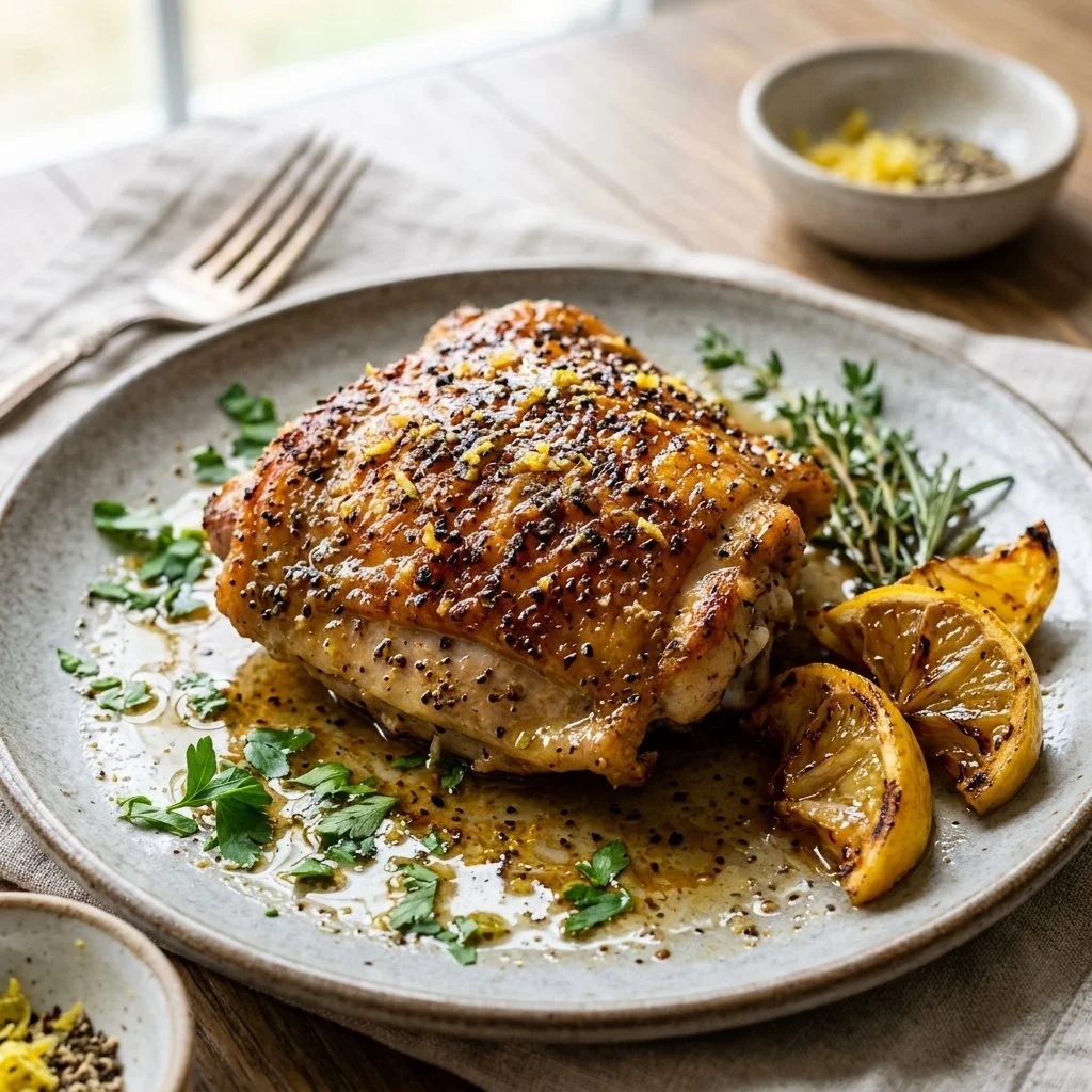 Delicious Lemon Pepper Chicken garnished with fresh herbs and lemon slices.