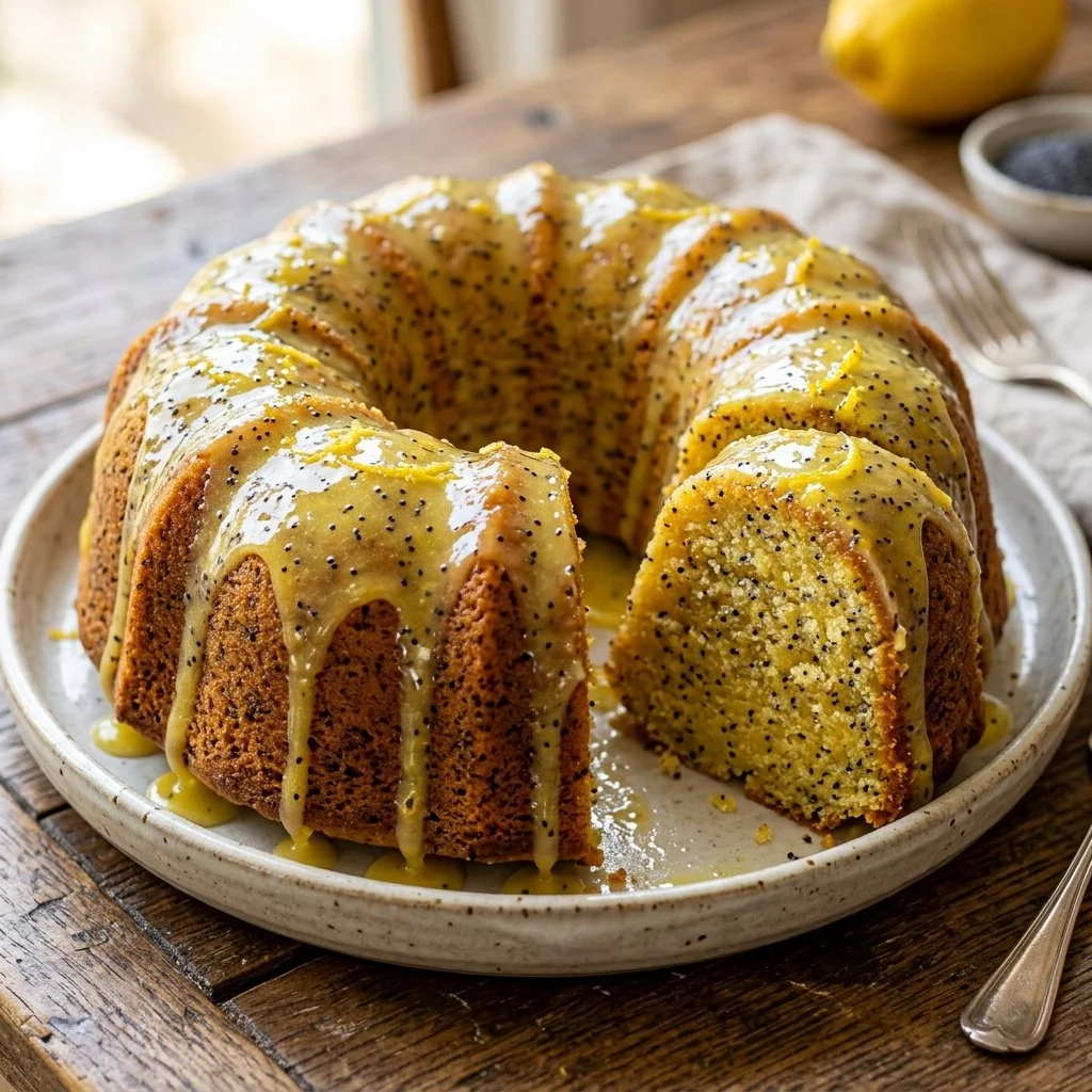 Delicious lemon poppy seed cake with poppy seeds and a lemon glaze