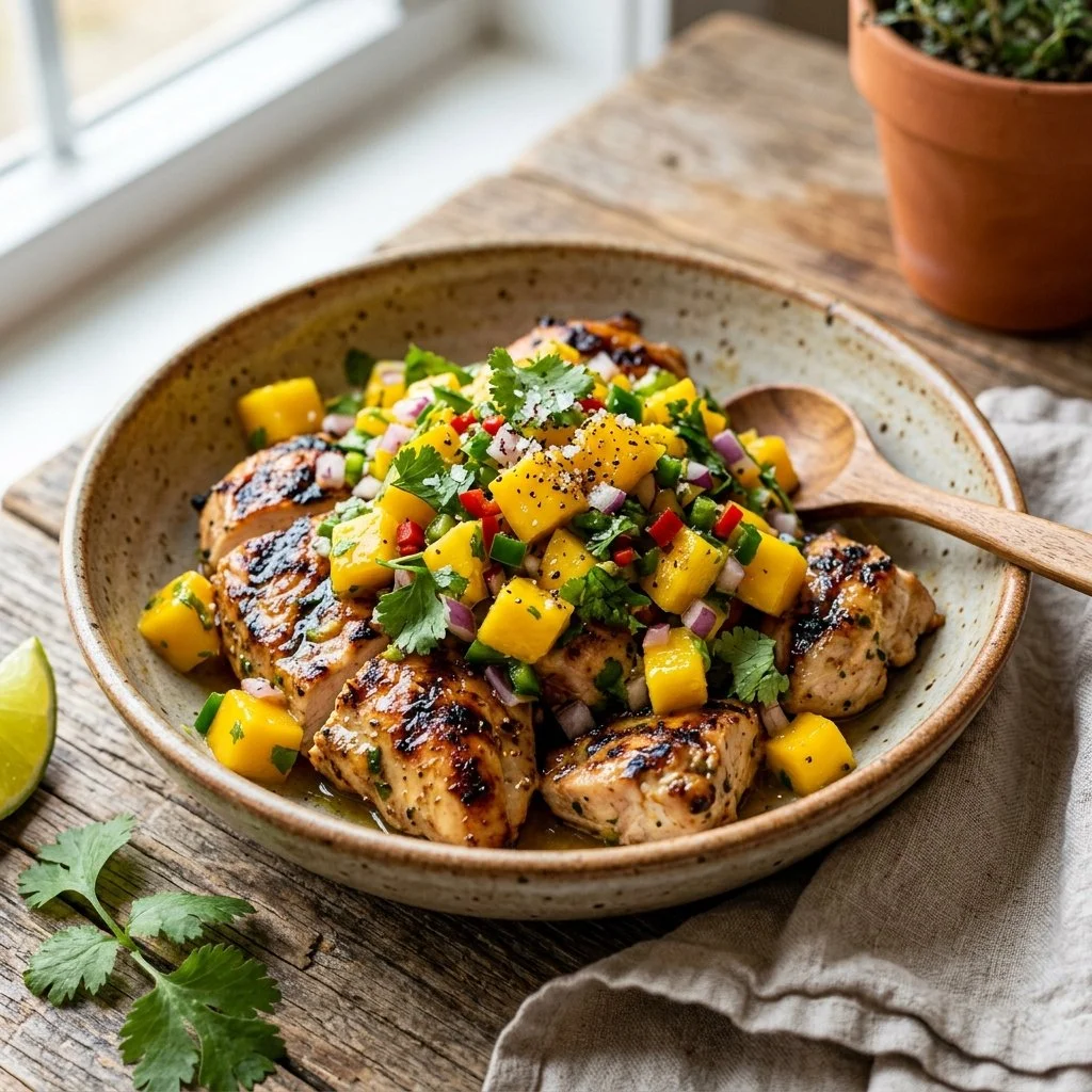 Plate of delicious mango salsa chicken garnished with fresh herbs