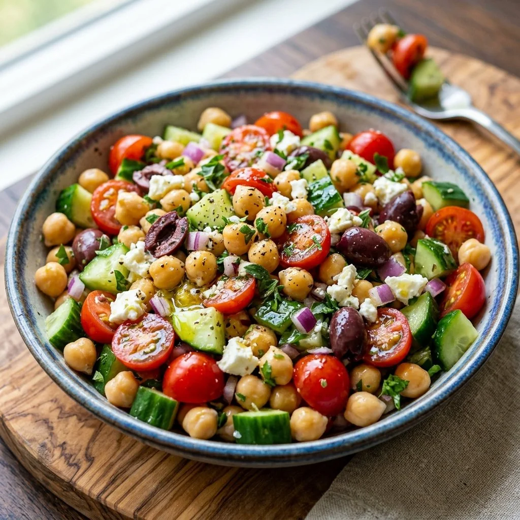 Mediterranean Chickpea Salad with fresh vegetables and herbs in a bowl