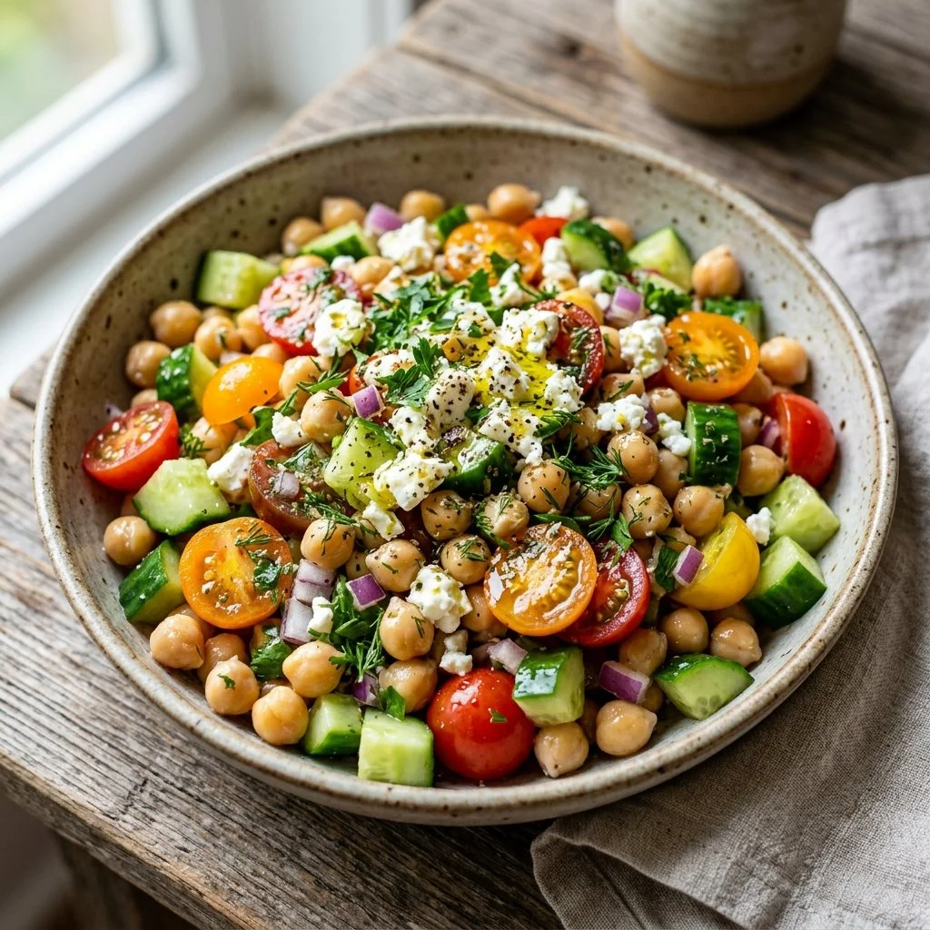 Mediterranean Chickpea Salad with fresh vegetables and herbs