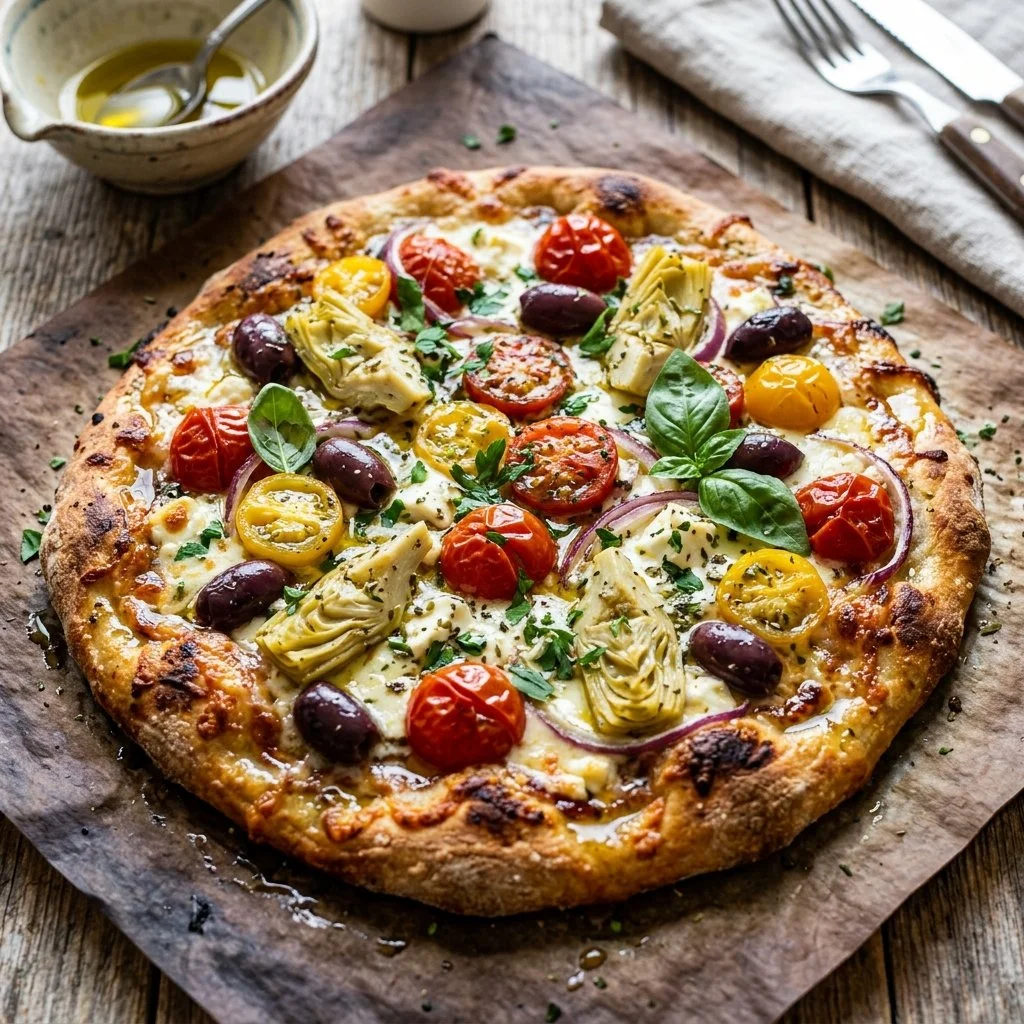 Homemade Mediterranean Flatbread topped with fresh herbs and vegetables