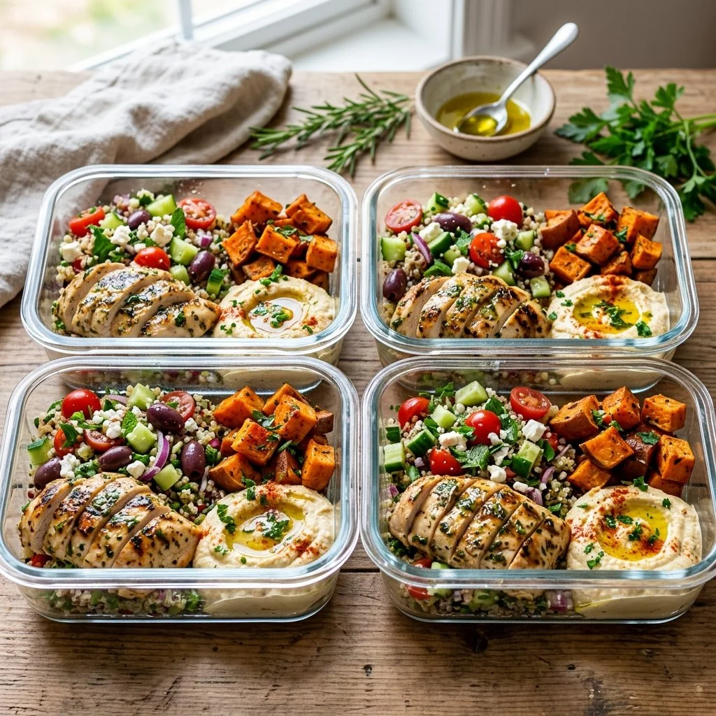 Mediterranean meal prep dishes with fresh ingredients and vibrant flavors