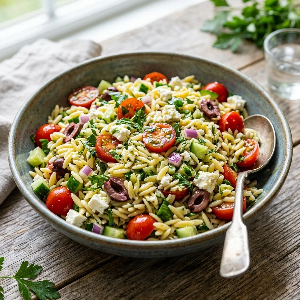 Bowl of Mediterranean Orzo Salad with colorful vegetables and herbs