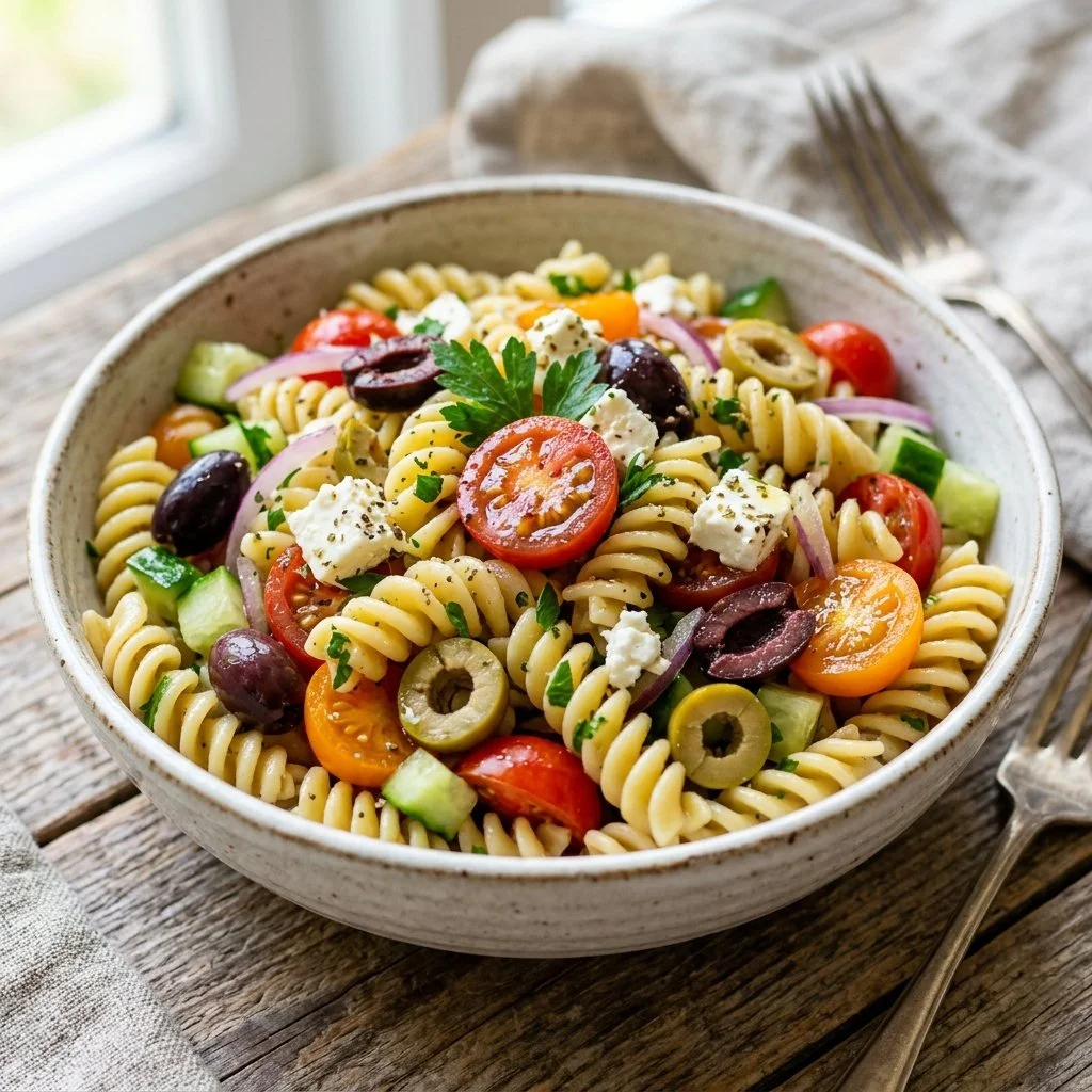 Delicious Mediterranean Pasta Salad with olives, tomatoes, and feta cheese.