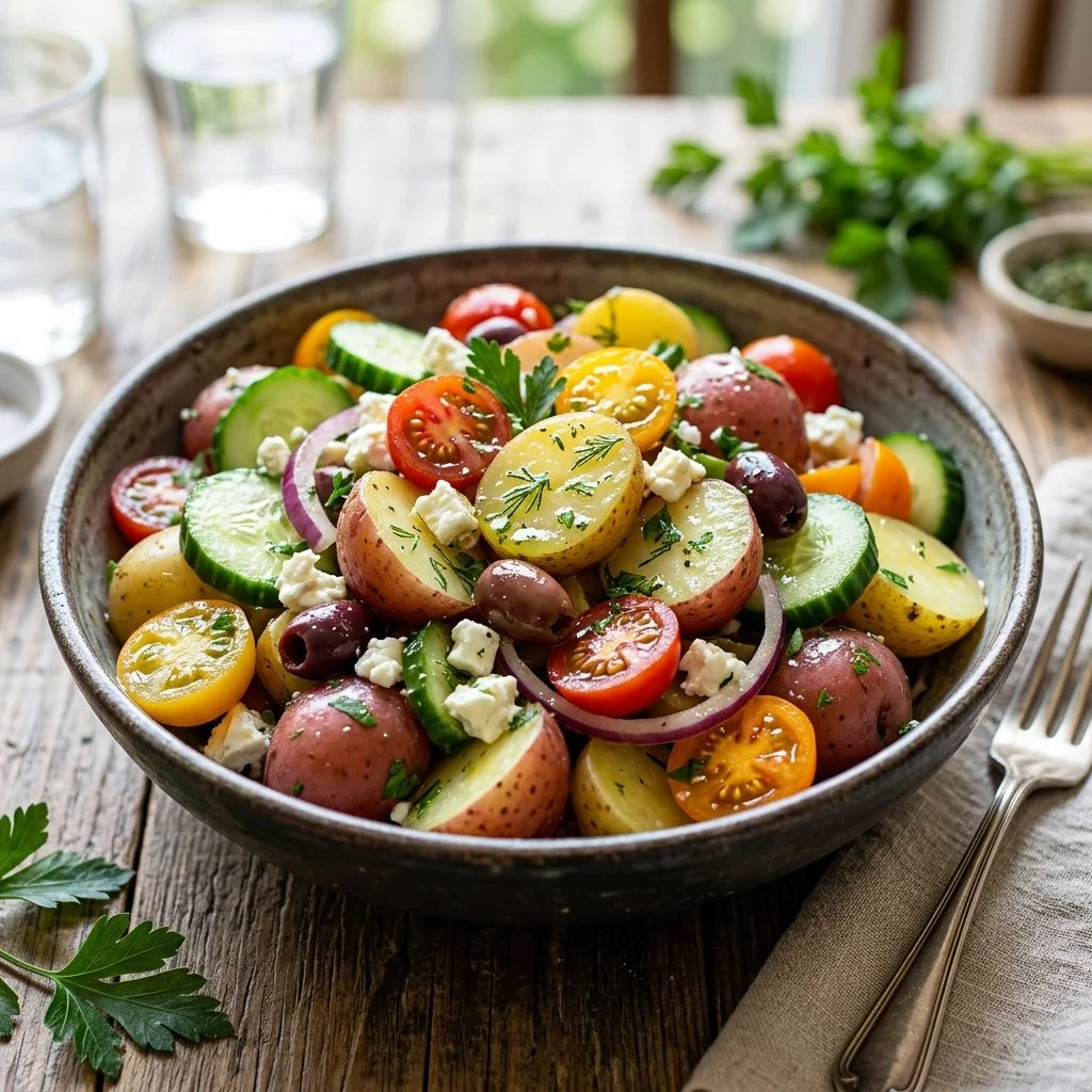 Bowl of Mediterranean potato salad with fresh vegetables and herbs