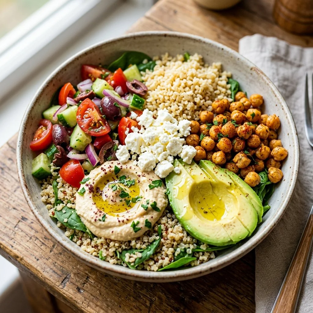 Mediterranean Power Bowl with fresh vegetables, grains, and healthy toppings