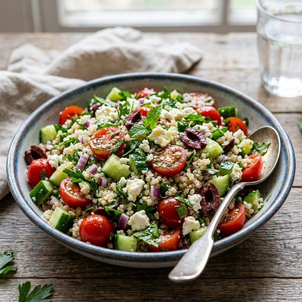 A vibrant Mediterranean quinoa salad filled with fresh vegetables and herbs.