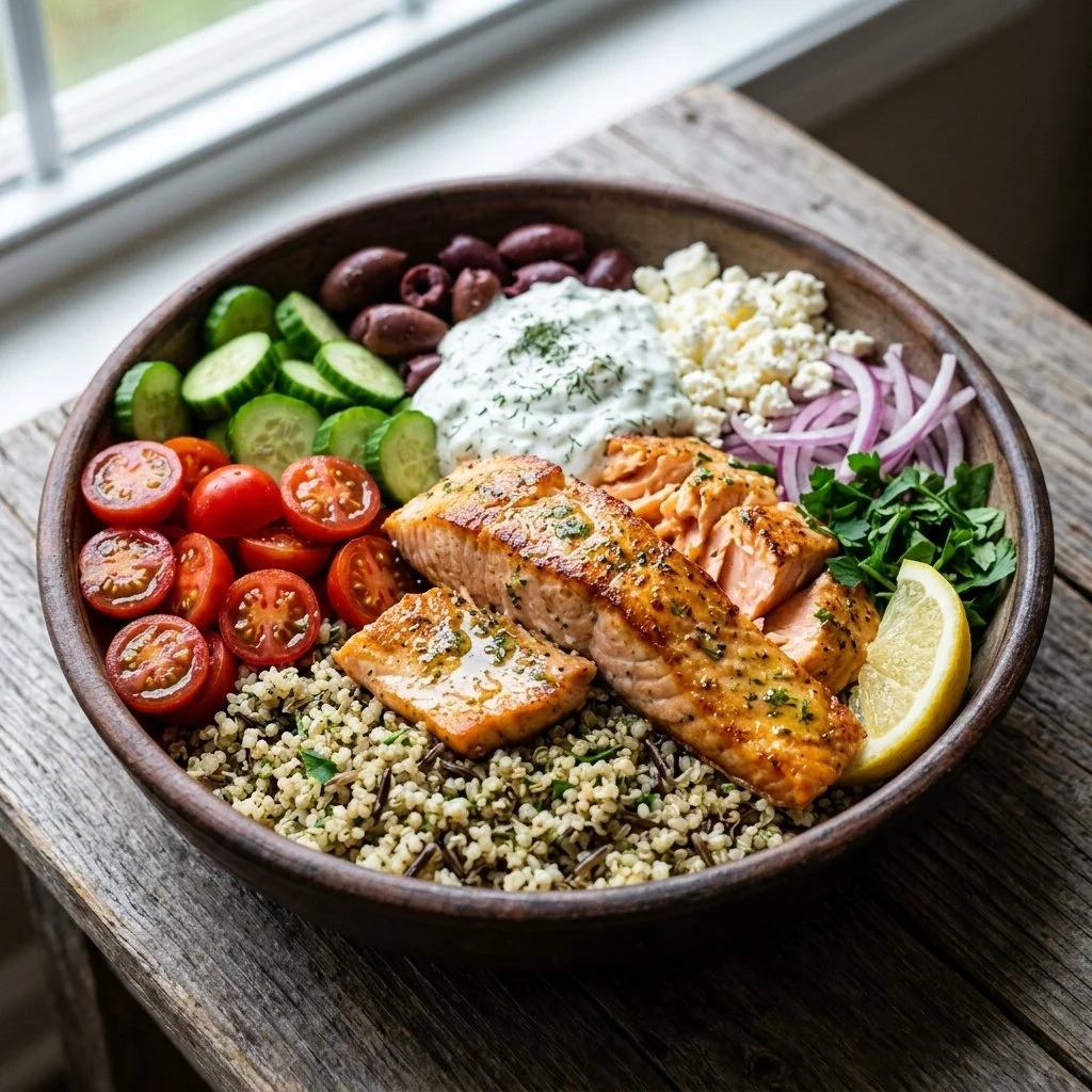 Mediterranean salmon bowl with fresh vegetables and grains