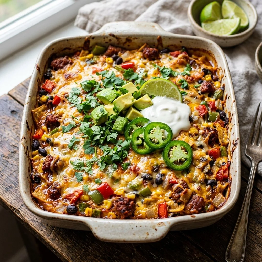 Delicious Mexican Breakfast Casserole topped with fresh ingredients