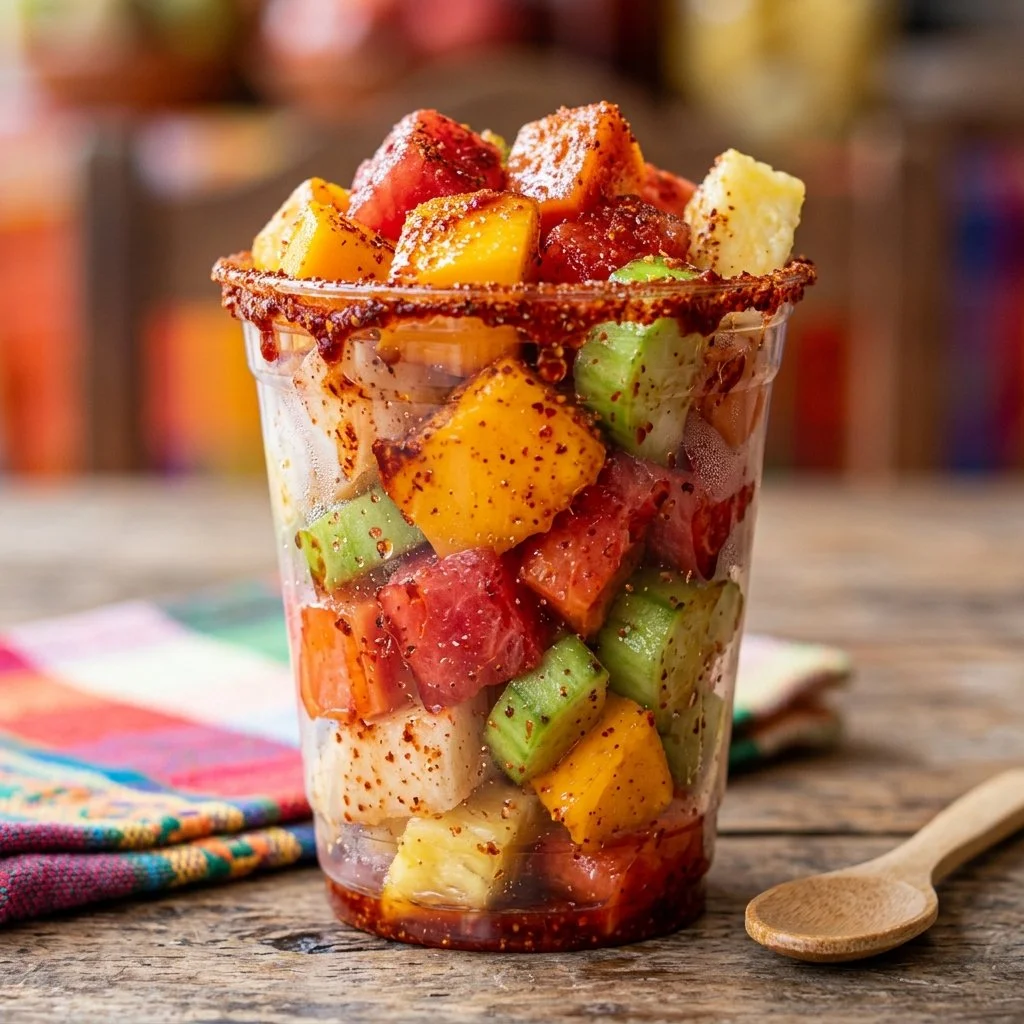 Colorful Mexican Fruit Cup with fresh tropical fruits and chili lime seasoning