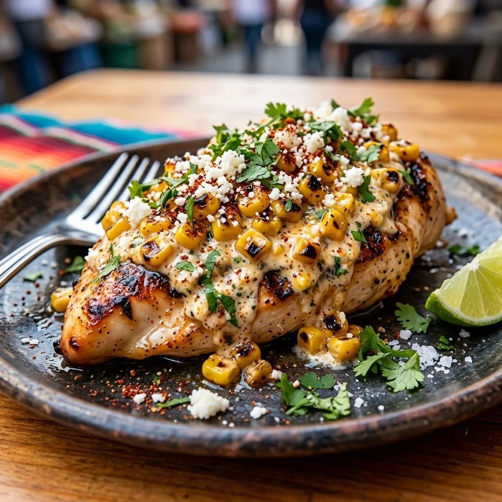 Plate of Mexican street corn chicken garnished with cilantro and lime.