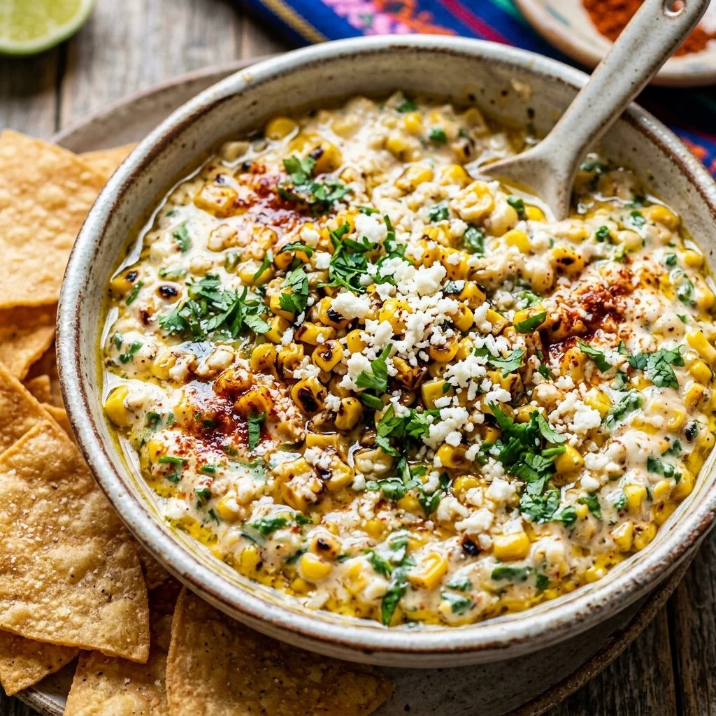 Delicious Mexican street corn dip served in a bowl with fresh toppings