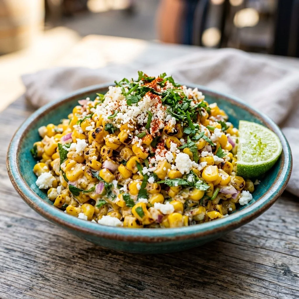 Delicious Mexican Street Corn Salad topped with cheese and spices