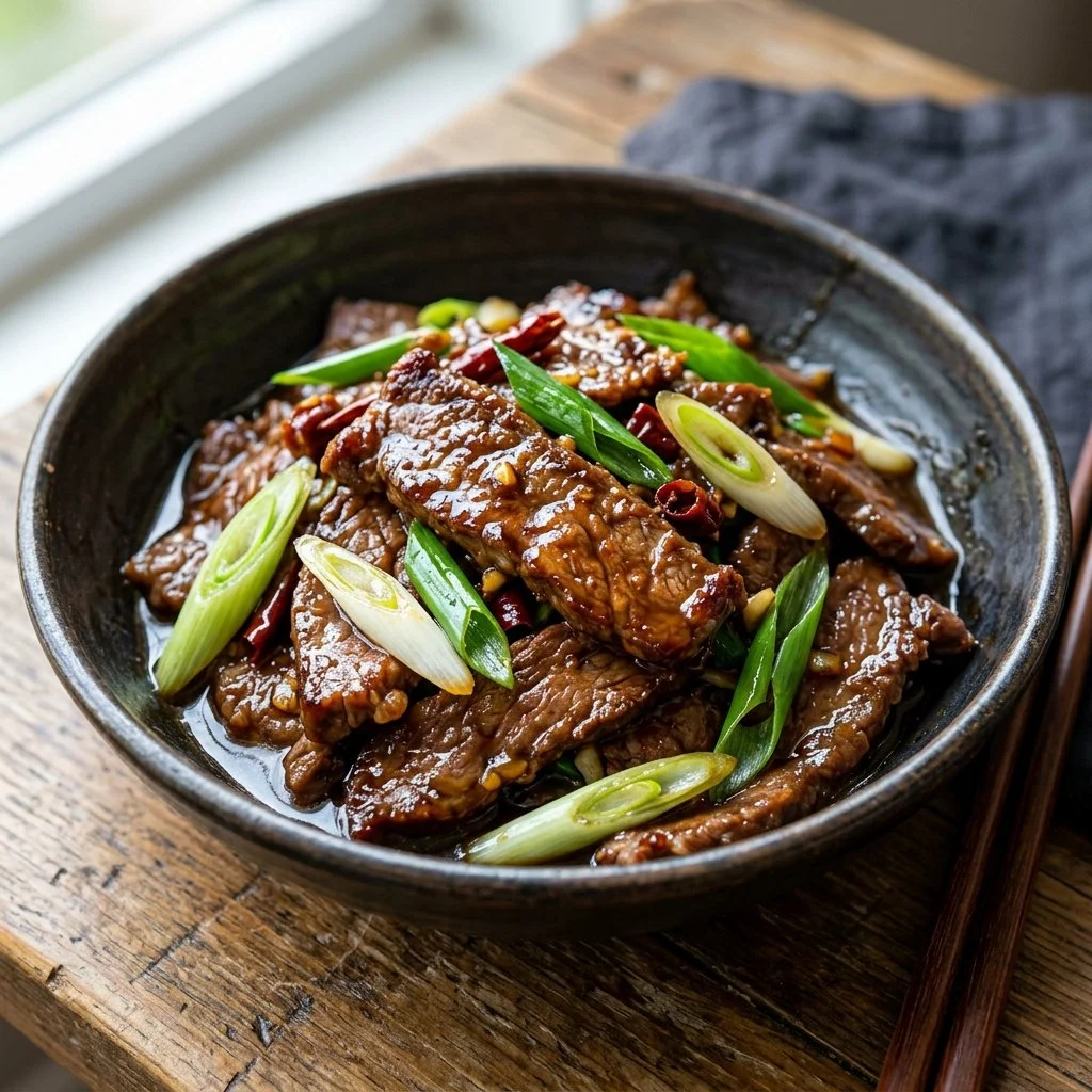 Delicious plate of Mongolian Beef with vegetables and rice served in a traditional style.
