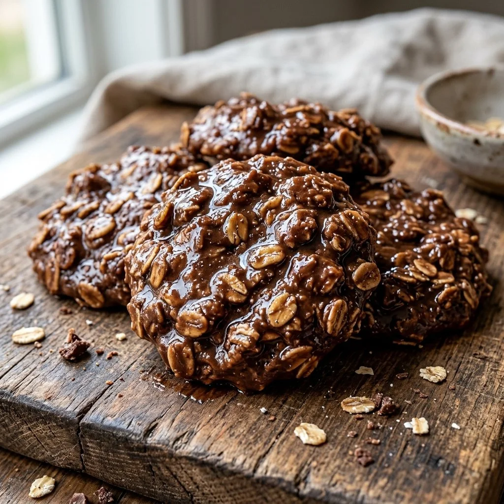 Delicious no bake cookies arranged on a plate, perfect for a quick treat.