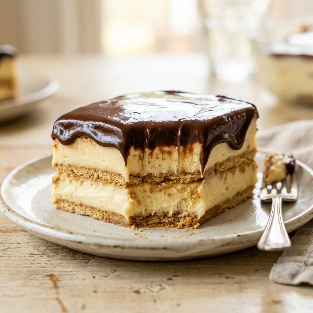No Bake Eclair Cake topped with chocolate and whipped cream