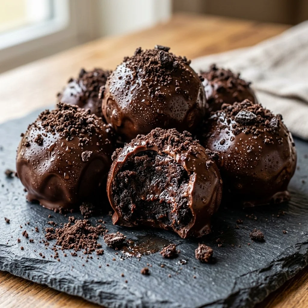 Delicious homemade Oreo Truffles coated in chocolate with a creamy filling.